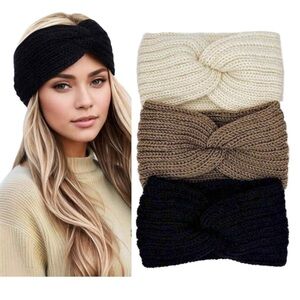 NWT Chunky Knit Twist Headbands Set of 3 | Winter Ear Warmers Neutral